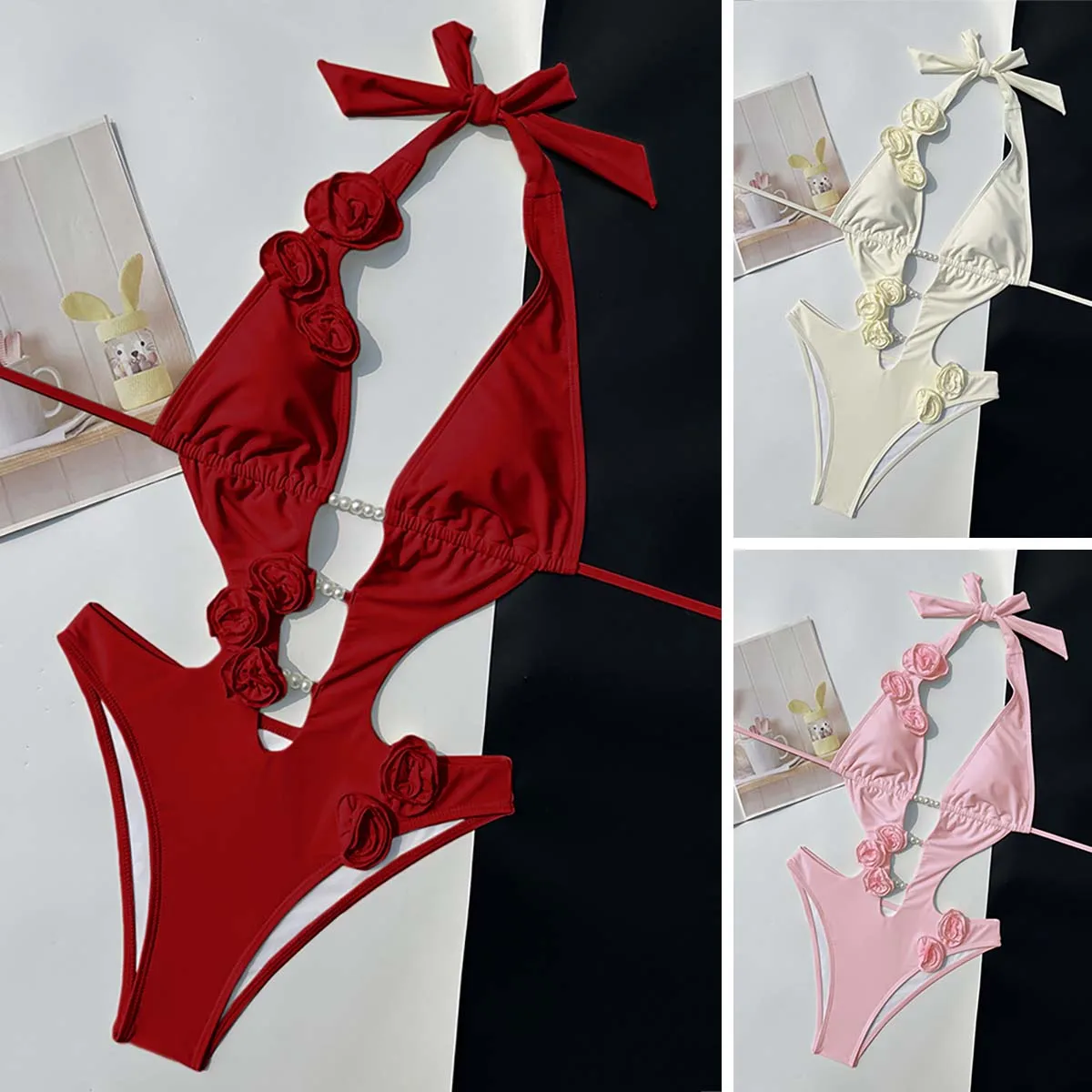 

Сексуальный цельный купальник с 3D цветком, купальный костюм с высоким вырезом для женщин, купальник с жемчугом и бисером, Монокини с вырезами, купальный костюм