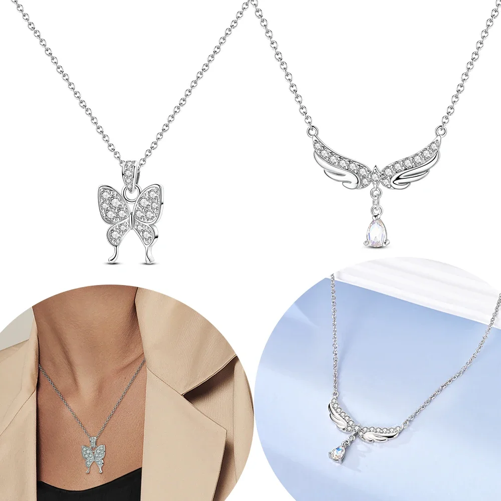

Exquisite Wing Drop Pendant for Women's Necklace Jewelry Gift Original 925 Sterling Silver Butterfly White Zircon Angel Necklace