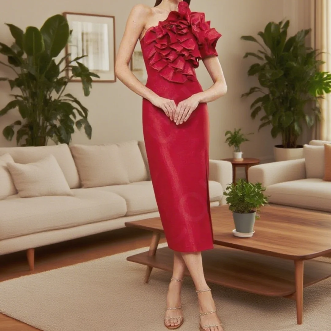 

New Arrival Prom Gowns Tea Length Evening Dresses Rose One Shoulder Thigh Slit Birthday Party Dress Customized 2025