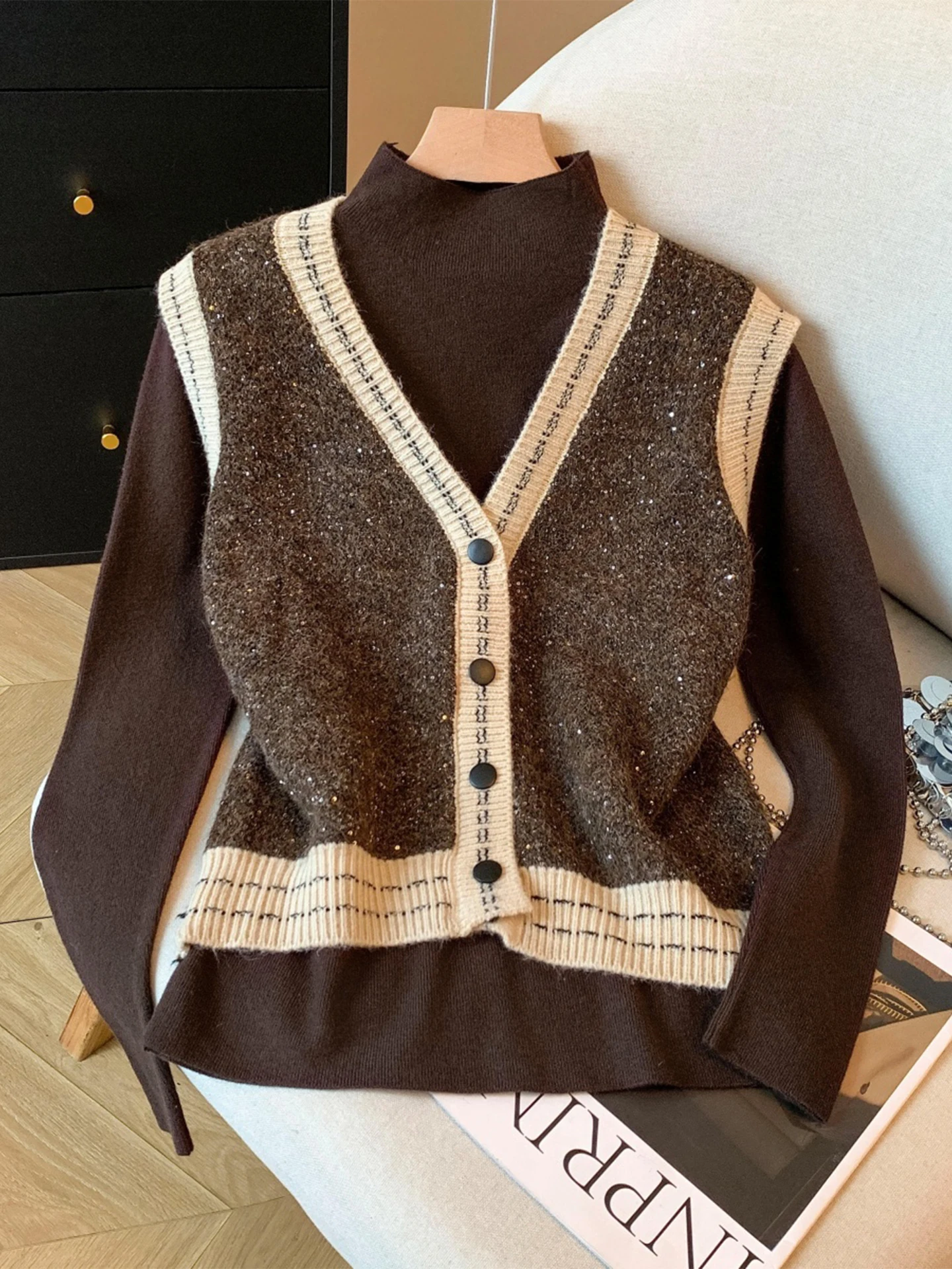 Women's High-End iny Sequin Knitted Vest Top f High Collar Base irt Two-Piece Set Commute Sle Slim Fit Long Sve