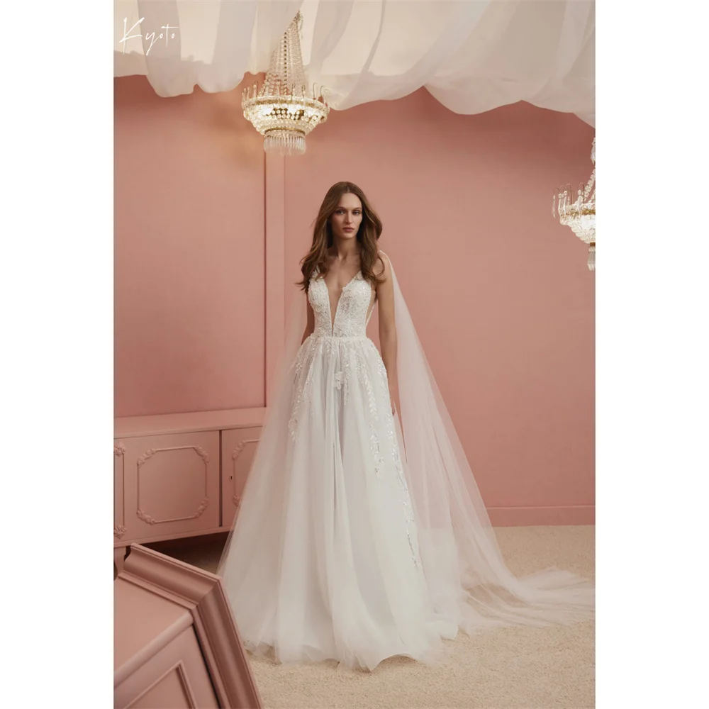 

Kyoto индивидуальное свадебное платье трапециевидной формы с белыми кружевными цветами на тонких бретельках с v-образным вырезом, платья de novia, корсет со шлейфом, формальный 2025