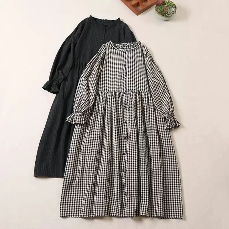 Cotton and Linen Plaid Long Sleeve Auricular Collar dress Women's 2024 Autumn New Sweet Japanese Style Loose Elegant Casual Card