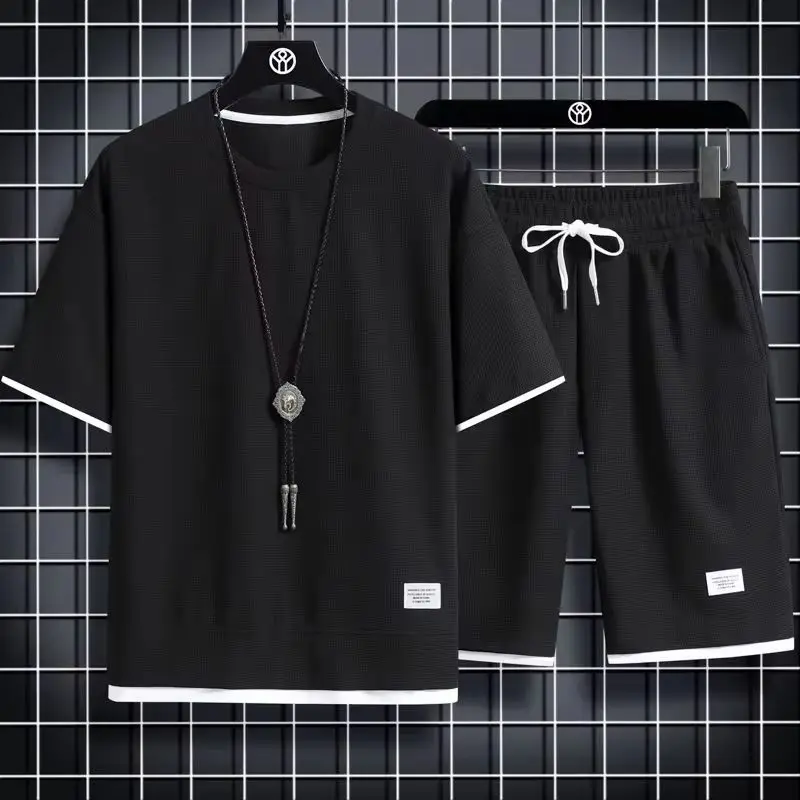 Waffle Men's Summer Short Sleeve And Shorts Two Piece Sets Sports Casual Tracksuit Men Comfortable Cool Shorts Oversized Set