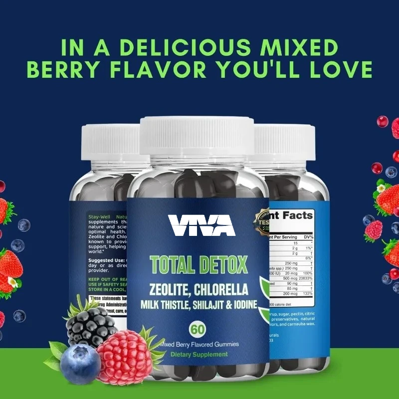 Thoroughly clean 60 mixed berry gummies containing microalgae, milk thistle, Shilajit, and iodine