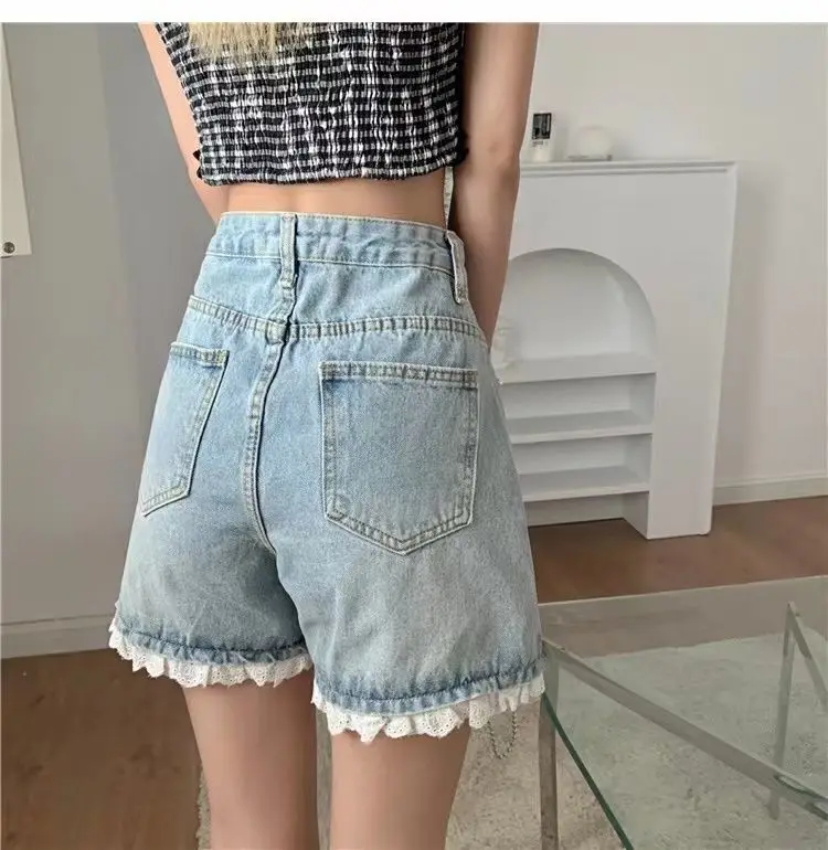 Women Summer Lace Beaded High Waist Denim Shorts Fashionable High Waist Slim And Wide Legs A-Line Hot Pants Plus Sized