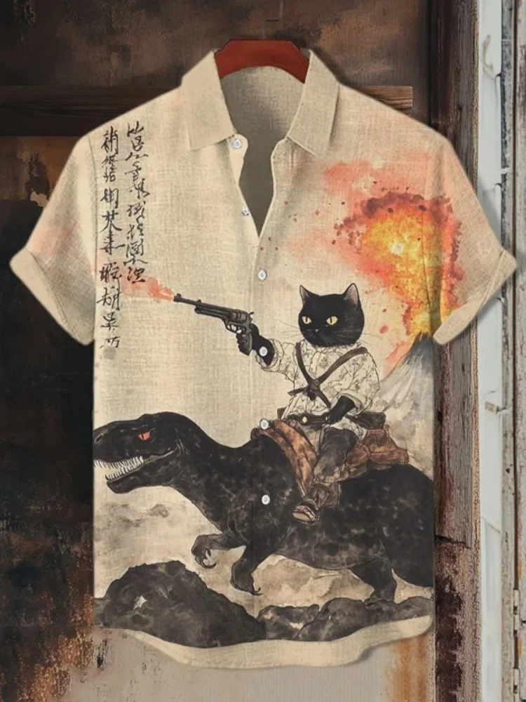 Men's Japanese Lapel Collar 2025 New Outerwear Blouse Retro Calligraphy Cat Dinosaur Volcanic Eruption Print Short Sleeve Shirt