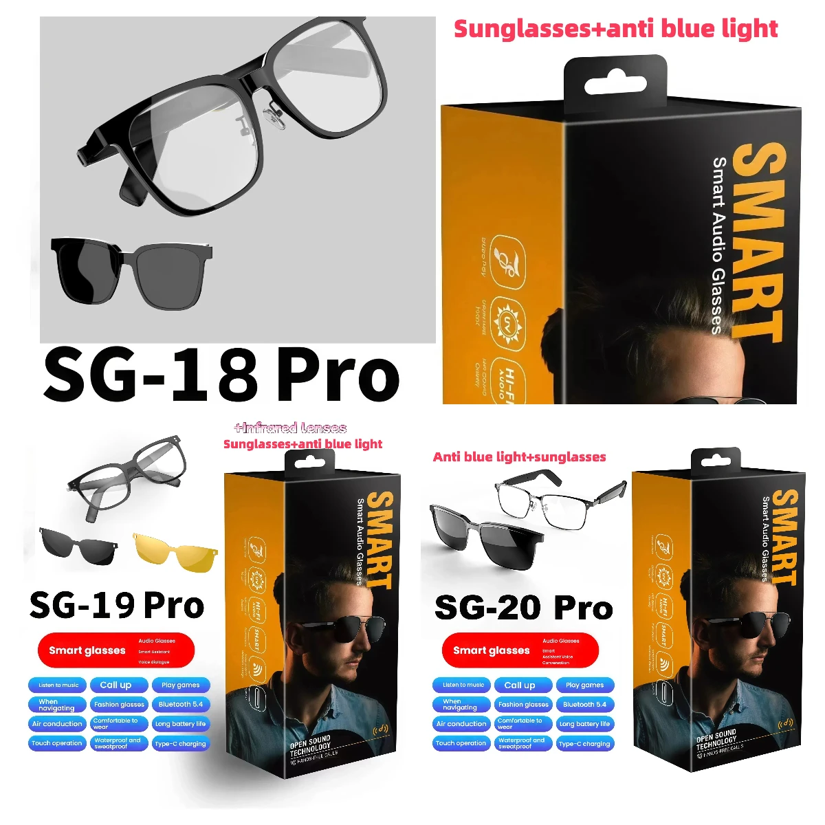 

Double lens Multiple styles to choose from Anti blue light sunglasses with Music Listening, 80+80mAh Wireless Headphones, Mobile