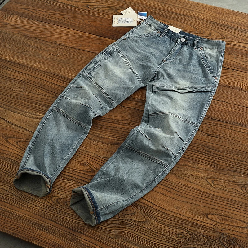 2025 봄 뉴 아메리칸 빈티지 3D 스테레오 자르기 스플 라이스 남성 탄성 포스 청바지 패션 슬림 씻어 오래된 캐주얼 연필 바지