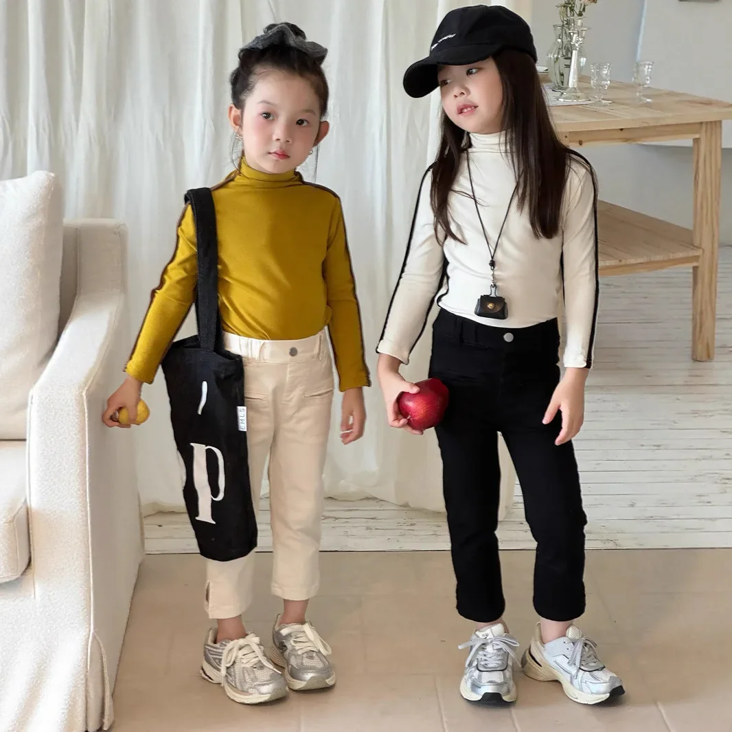 الأطفال الفتيات الخريف الفرنسية قميص شبه الياقة المدورة لينة 1-10Y أطفال بنات القطن الأساسية القمم طفل الفتيات سليم صالح البلوفرات