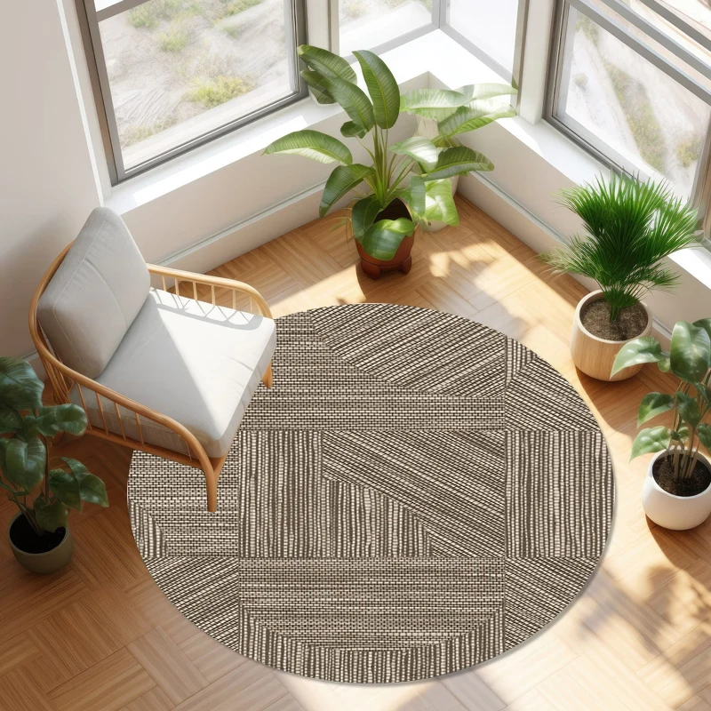 Geometric Mosaic Patchwork Round Rug Neutral Tone Abstract Geometry Print Carpet for Living Room Bedroom Home Decor