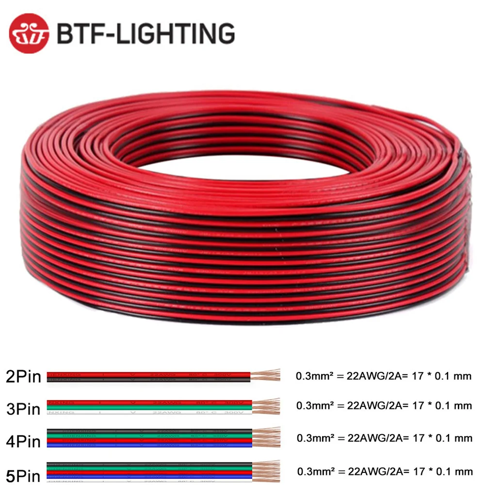 10 Meters 22 AWG Electric Wires Flexible LED Power Cables WS2812B WS2815 5050 RGBW RGBCCT Strip Lights Extension Wire Connector