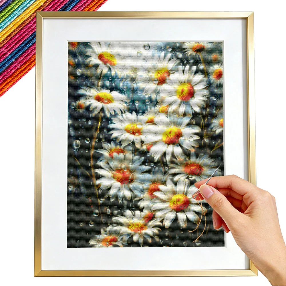 11CT Kreuzstich-Set Gänseblümchen-Blumenmuster für Erwachsene, Handarbeiten, Florale DMC-Fäden, Dekorative Wandbilder