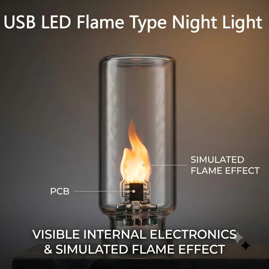 USB LED Flame Type Night Light Frosted Clear Glass Flickering Candle Decorative Touch Control Mood Lighting for Car Home Lamp
