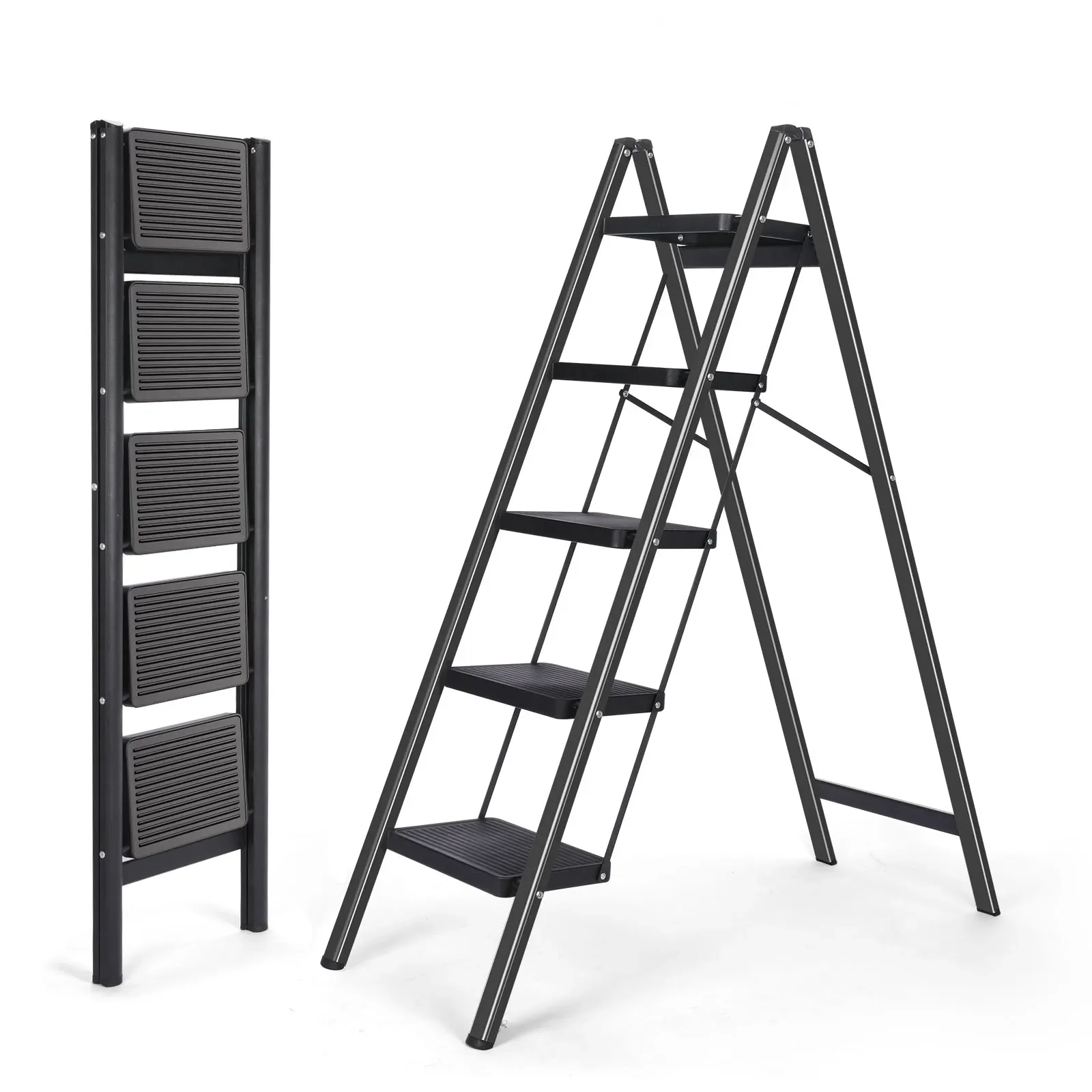 Updated 5 Step Ladder , Lightweight Foldable Ladder with Non-Slip Wide Pedals, Stepladder with Safe Handrail, Space Saving