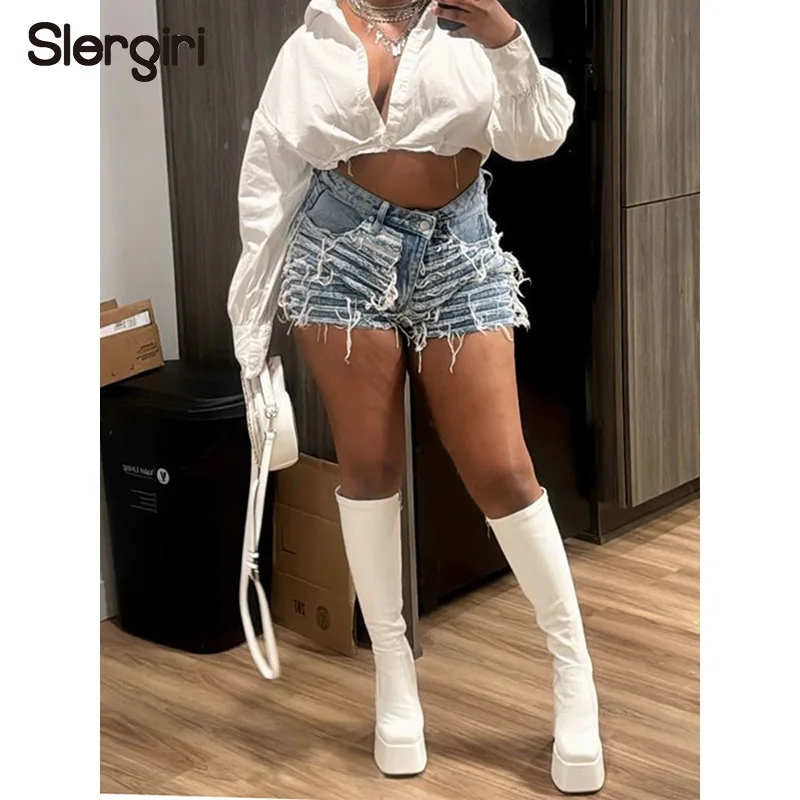 

Slergiri Streetwear Retro Tassel Denim Shorts Women Fashion New 2026 Summer High Waisted Straight Leg Jeans Shorts Female