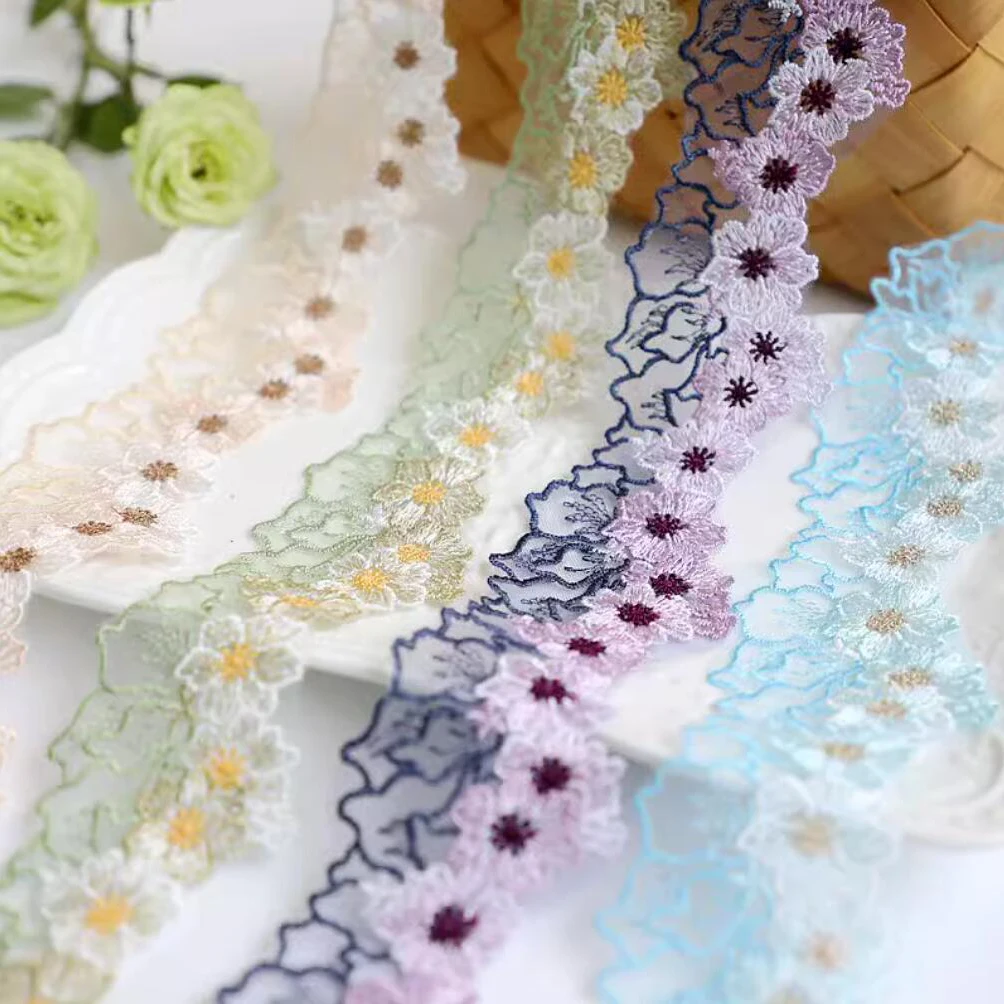 1 Yard Embroidered Green Purple White Flower Lace Fabric Sewing DIY Trim Ruffle Applique Ribbon Collar Decor