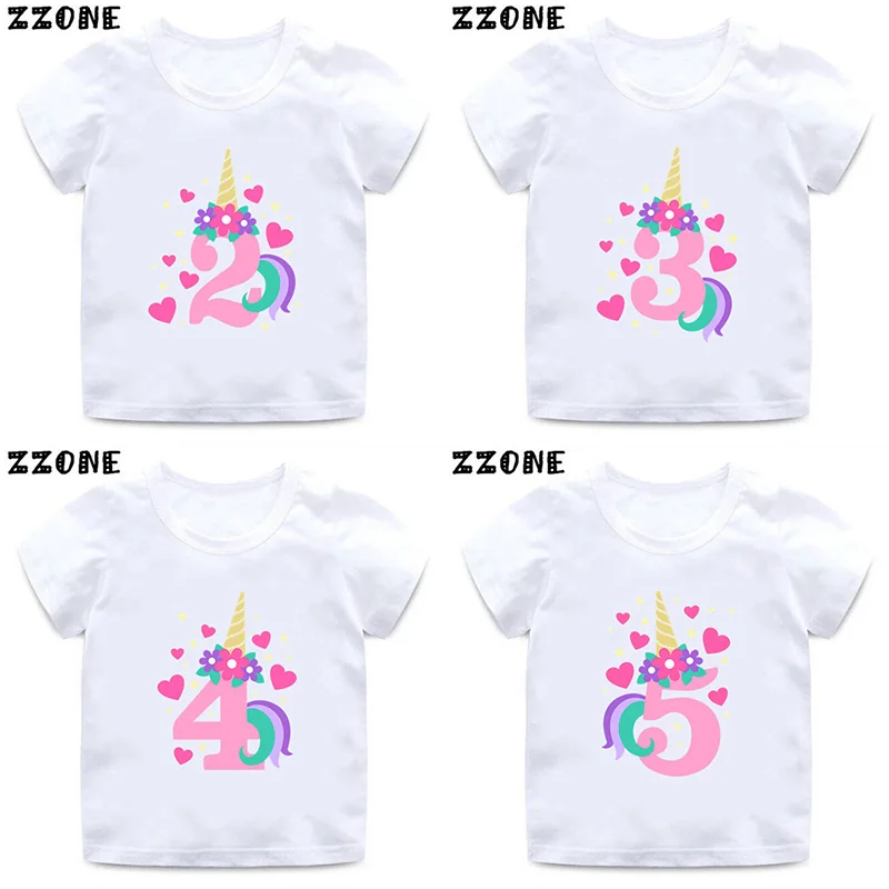 Cute Unicorn Print Girls Clothes 1 2 3 4 5 6 7 8 9 Years Happy Birthday Number Bow Kids Short Sleeve T shirt Baby Boys T-Shirts