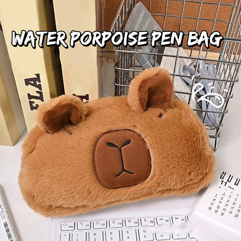 Estuche de lápices de felpa de invierno, bolsa de lápices de animales de dibujos animados Kawaii, bolsa de almacenamiento de papelería de alta capacidad, bonito organizador para álbumes de recortes