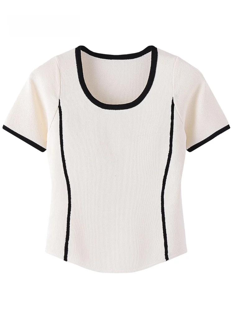 

JZZDEMM Slim Fit Knitted ort Sve U-Ne Top Women's Faionable Waistline Design Casual Vintage Sle Spring 2024