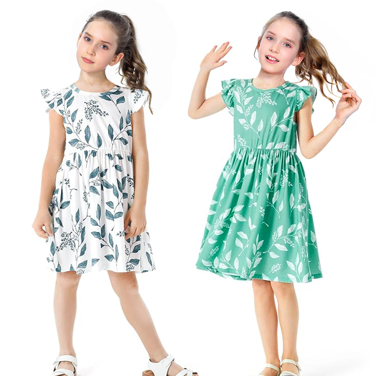 Baby Girls Dress Leaves Print Toddler Kids Summer Sleeping Wear Night Gown Ruffle Sleeveless Soft Children's Homewear Outfits