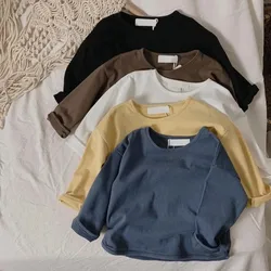 2024 Spring New Children Long Sleeve T Shirts Cotton Baby Boys Girls Loose Casual Tees Toddler Solid Bottoming Tops Kids Clothes