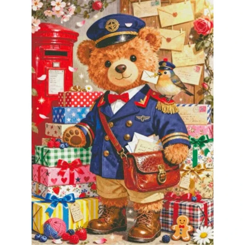 DIY Vintage Postman Teddy Bear Diamond Painting, Whimsical Mail‑themed Bear Art For Living Room Wall Decoration Exquisite Gift