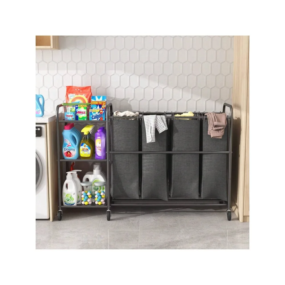 

4 Bag Laundry Sorter Cart With Storage Shelf, Rolling Laundry Basket Hamper, With 4 Removable Bags, Casters And Brakes, Black