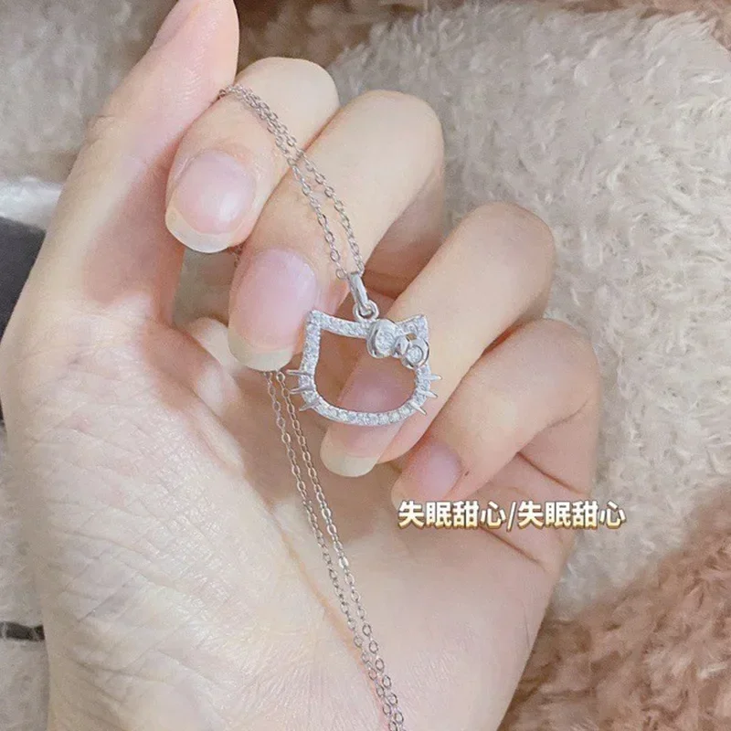 Cute HelloKittys Diamond Ring Necklace Fashion Girl Heart Best Friend Collar Chain Small Design Feel Sweater Chain Jewelry