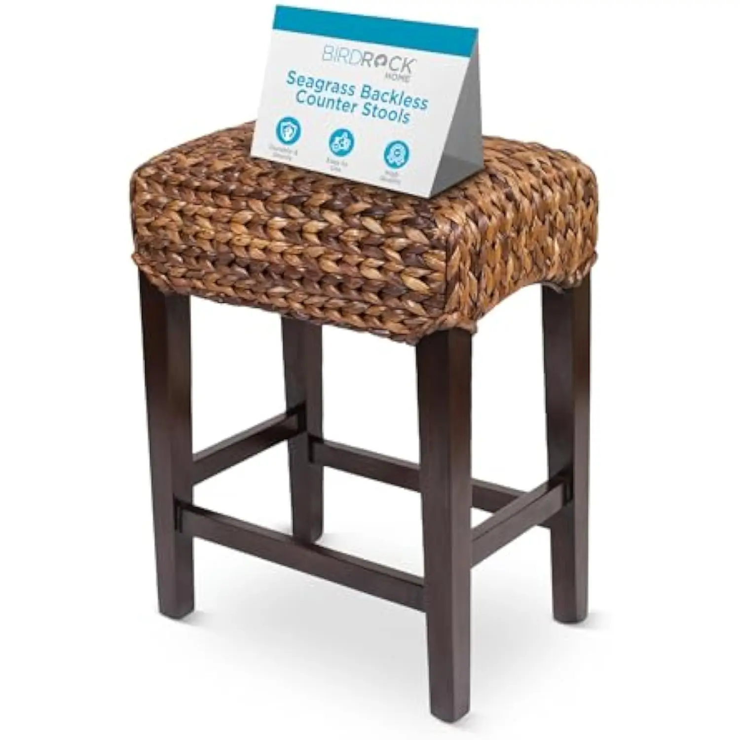 

Seagrass Backless Counter Stools - Handwoven with Natural Fibers & Mahogany Wood Frame, Fully Assembled Seating for Indoor & O