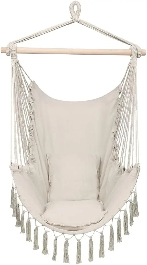 

Hammo Chair Tassel Hanging Rope Swing Seat Chair With Plus Pillow For Indoor Outdoor Bedroom, Beige