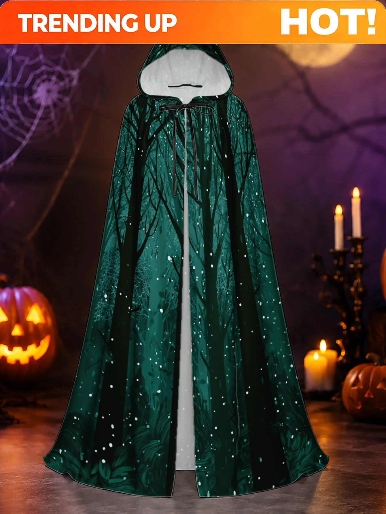 Customization 1pc, Halloween Costume Cloak With Gothic Snowy Forest Night Print, Adult Witch Robe For Men And Women