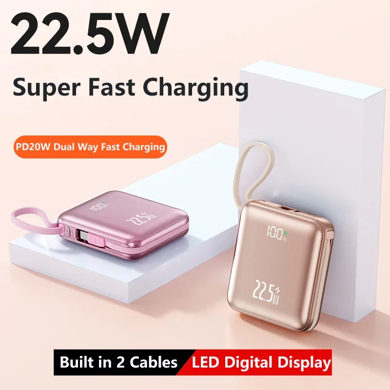 Mini Power Bank 20000mAh Zewnętrzny Akumulator 22.5W Szybkie Ładowanie Do iPhone 17 Xiaomi Samsung Przenośna Ładowarka z Kablem Powerbank