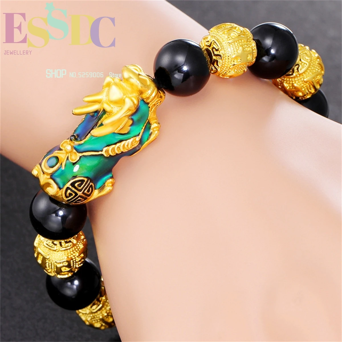 HFANCYW Natural Black Onyx Beads Bracelet Fancy Thermochromic Pixiu Charm Bracelet DIY Men's Sand Gold  Jewelry Drop Shipping