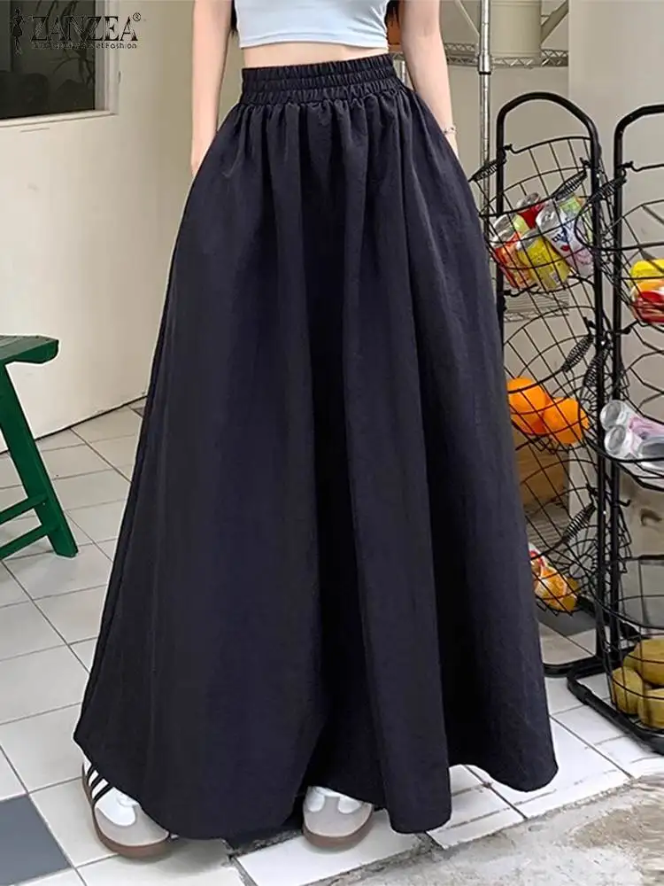 ZANZEA 2024 Summer Swing Streetwear Maxi Skirt Elastic Waist Jupes Women Umbrella Long Skirt Pocket Falda Casual Loose Oversized