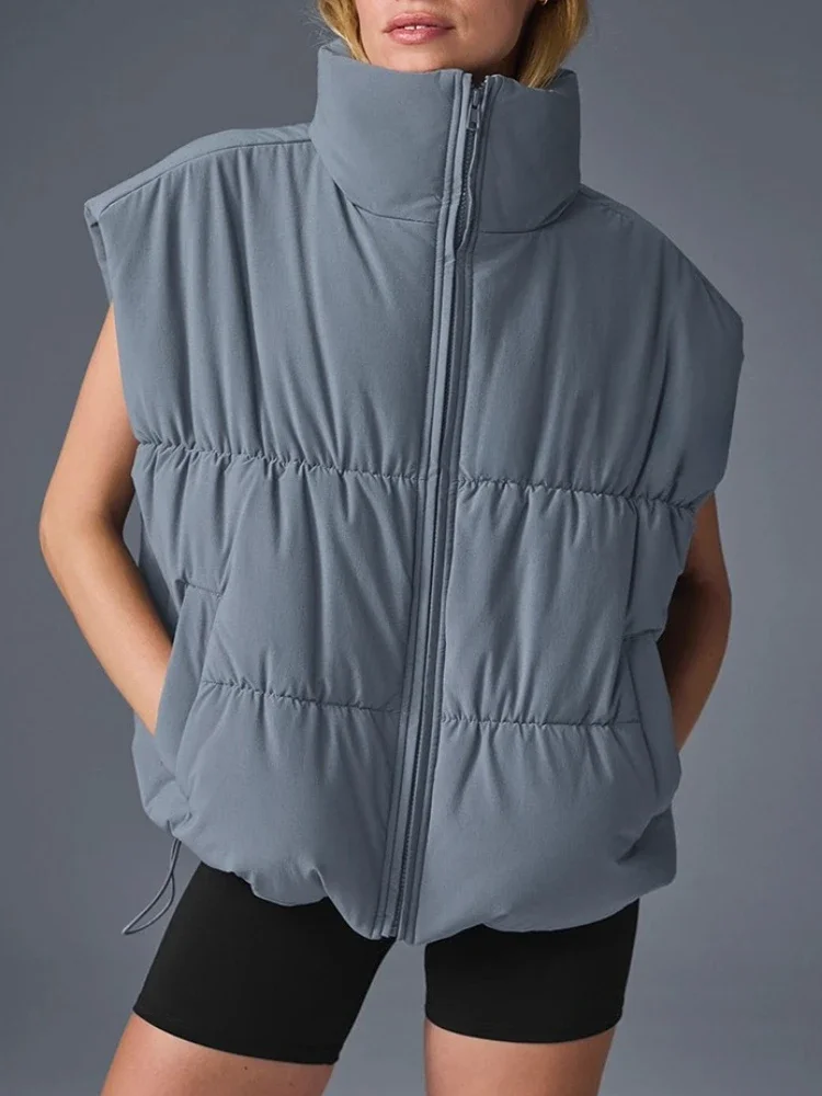 الوقوف طوق بلا أكمام المرأة سترة الشتاء الأسود الرباط الخصر Cinching صدرية المرأة فضفاضة رشاقته سترة دافئة للنساء #6