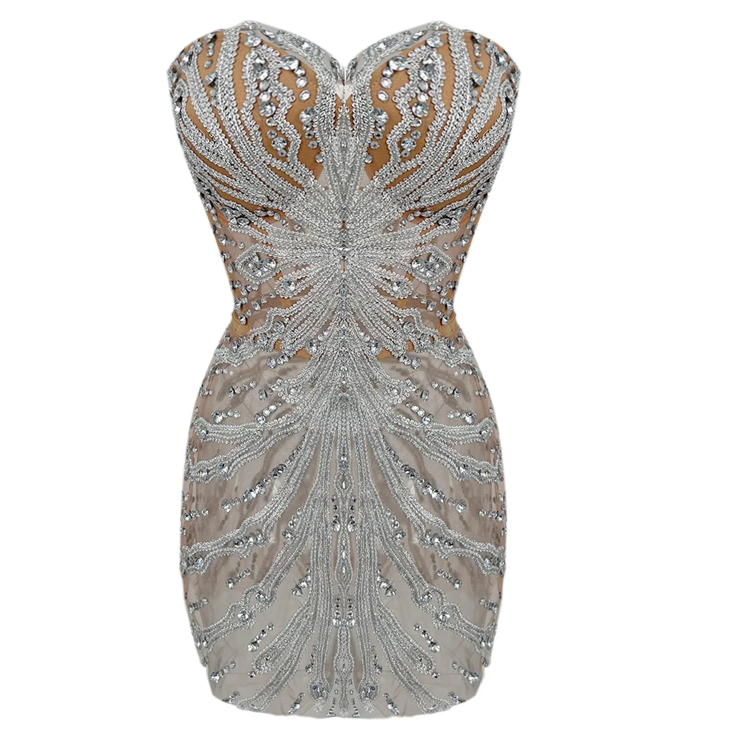 

Sexy Strapless Dinner Dress Silver Sequins Rhinestone Mesh See Through Skirt Nightclub Club Party Tight Corset Skirt youtiao