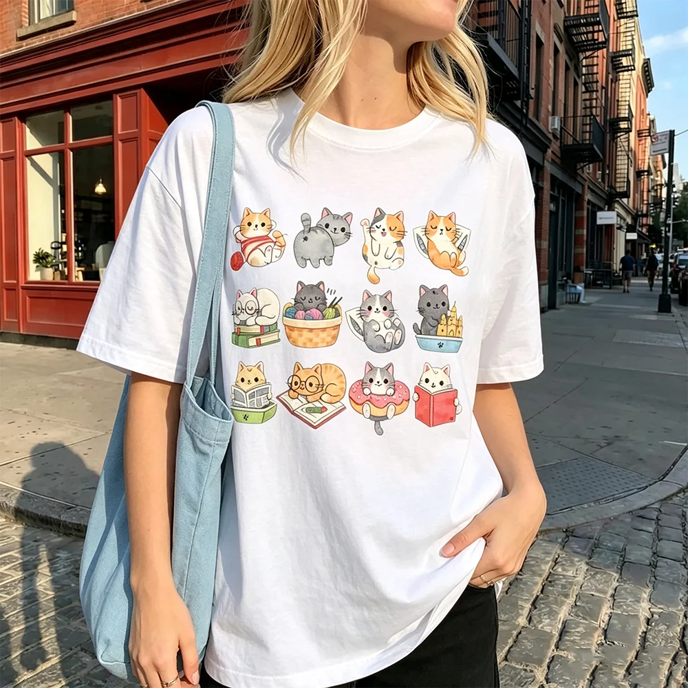 Cute Reading Cats Print T Shirt Cartoon Kitten Book Donut Oversized Short Sleeve Tees Casual Aesthetic Loose Cotton T-shirt