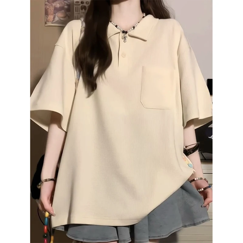 Waffle Plaid Women Short Sleeve Polo T Shirts Summer Preppy Style Teenagers Fashion Simple All-match Casual Oversized Clothing