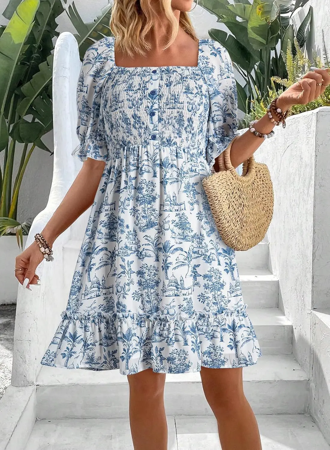 Summer Women's Beach Dress Floral Floral Print Square Neck Short-Sleeved Ladies Waist Ruffled A-Line Dress For Holiday Dresses