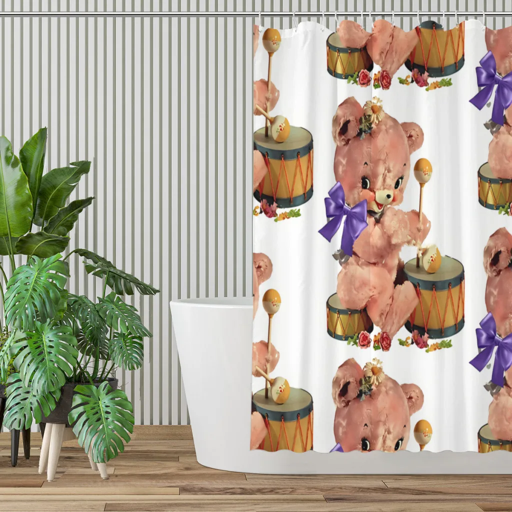 Pink Teddy Bear Playing Drums Vintage Kitsch Transfer Bathroom Shower Curtains Waterproof Partition Home Decor Accessories