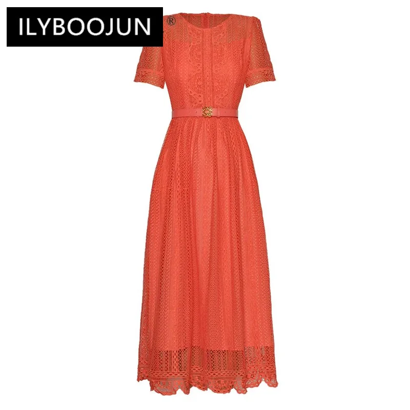 

ILYBOOJUN Designer Summer Women's Dress Temperament Solid Color Floral Embroidery Hollow Out Sashes Medium Length Dresses