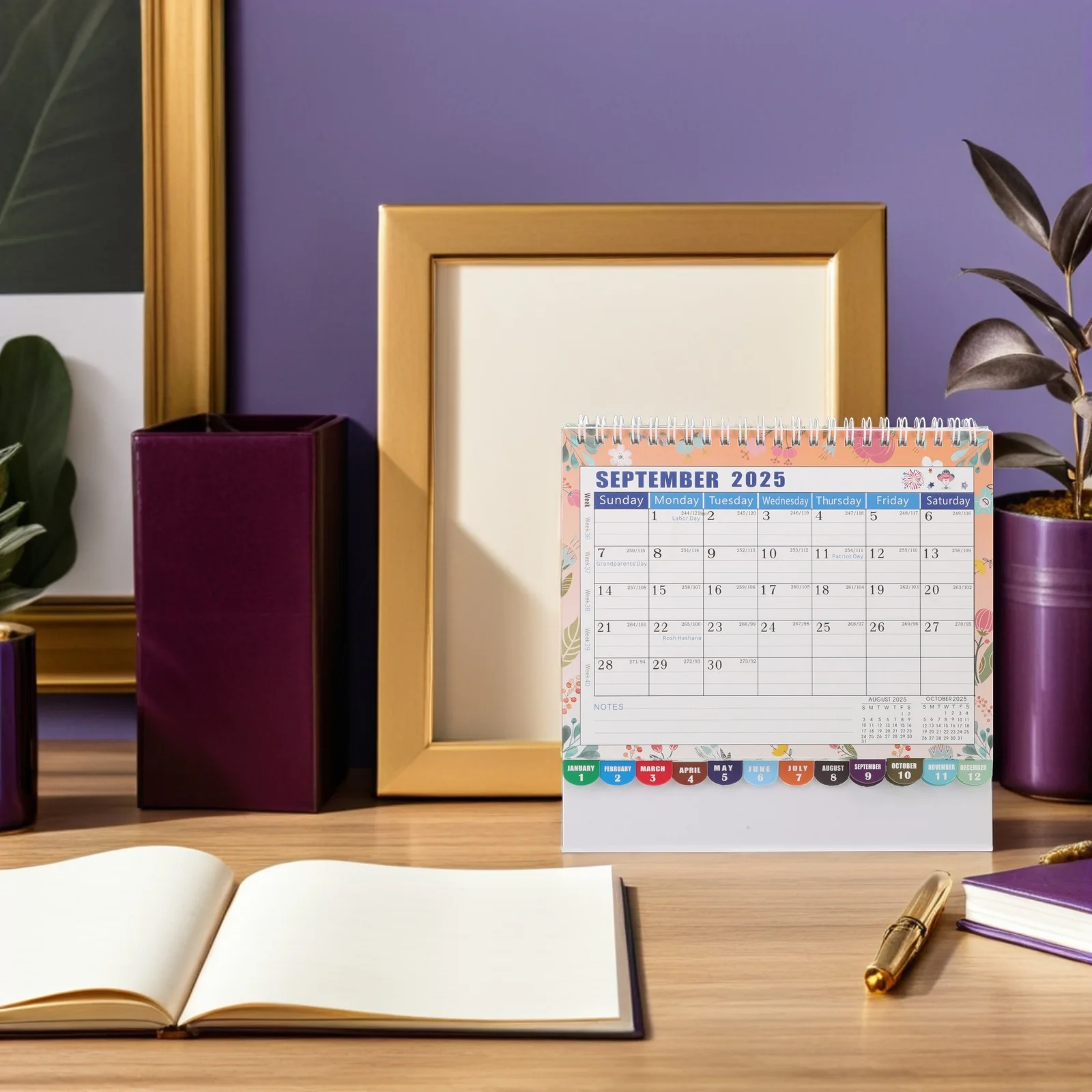 

Dark Blue Floral Calendar 2026 Tabletop Paper and Iron Ring Creative Desk Office