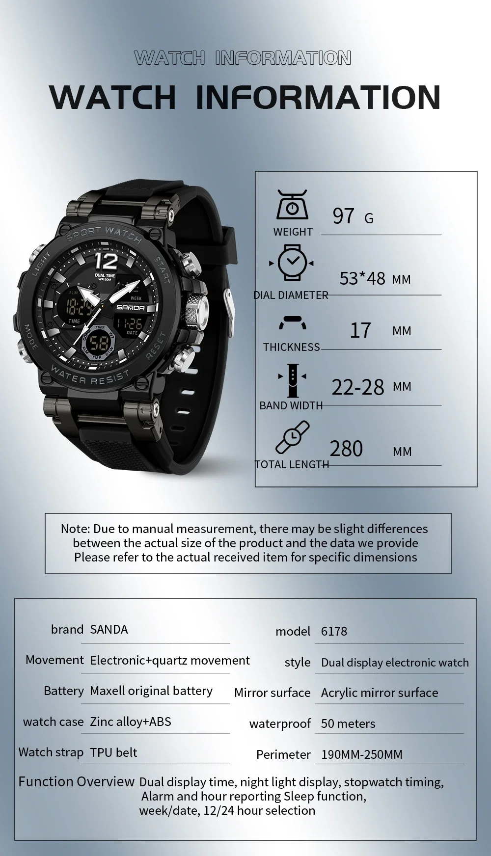 SANDA 6178 Top Fashion Men\'s Quartz Electronic Watch Cool Multi functional Waterproof Men\'s Quartz Electronic Watches 2024