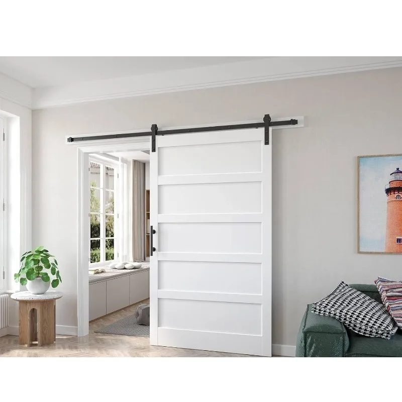 48x84 Inch White Barn Door with 8ft Sliding Door Hardware Kit and Handles DIY Assembly 5 Panels Fits 45 Inch 47 Inch Openings