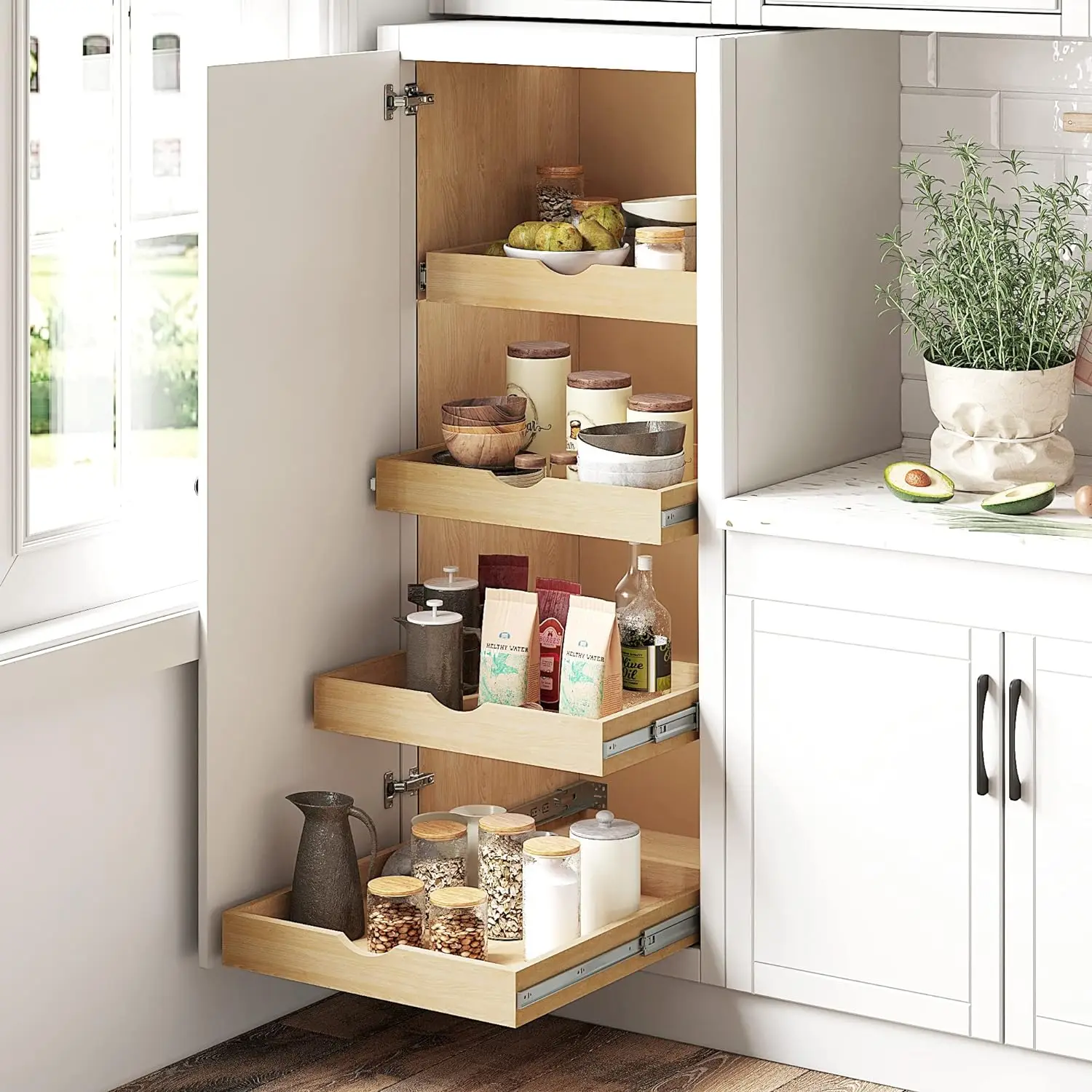 Pull Out Shelves for Kitchen Cabinets, Slide Out Wood Cabinet Organizer, Wood Rack for Kitch