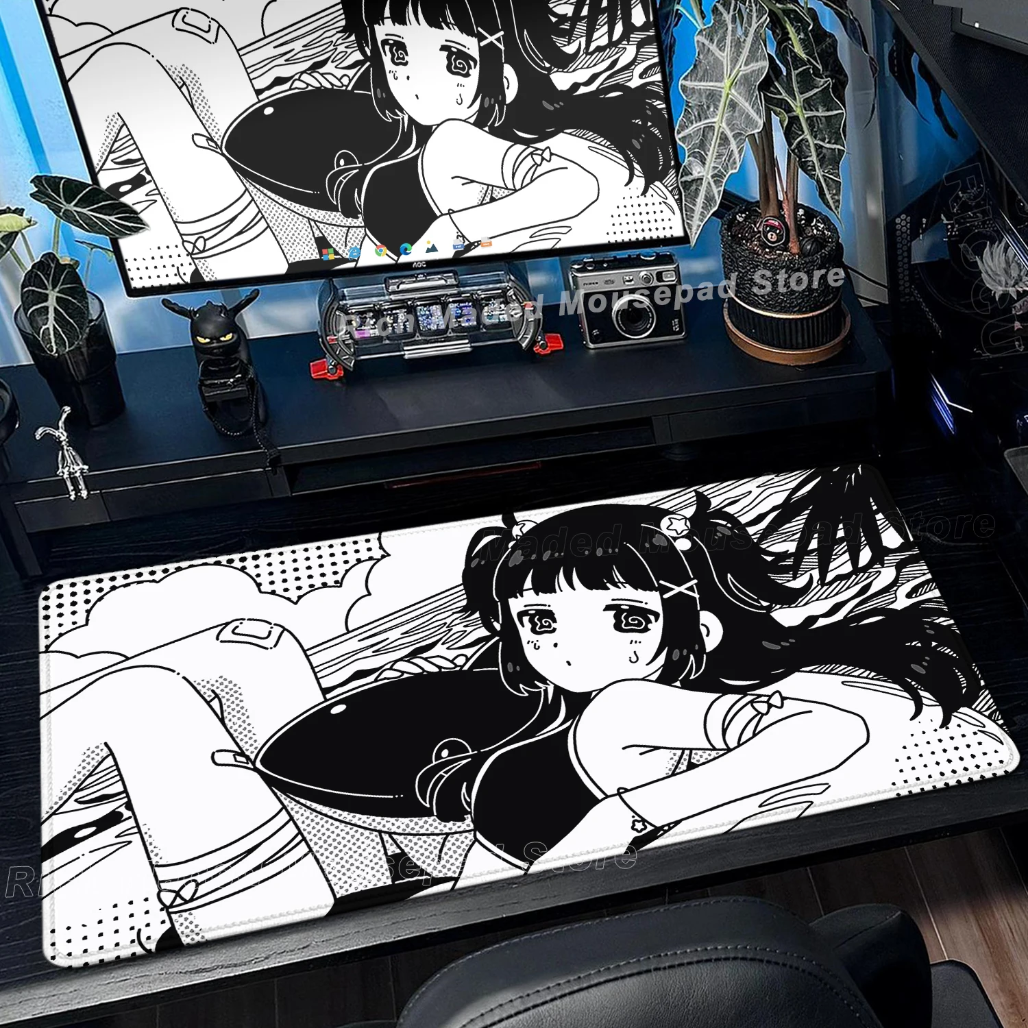 Alas Mouse Anime Hitam Putih Ukuran Besar untuk Gaming, Anti Selip, Alas Keyboard, Alas Laptop, Alas Meja Komputer, Pinggiran Terkunci, Karpet Mouse Y2K