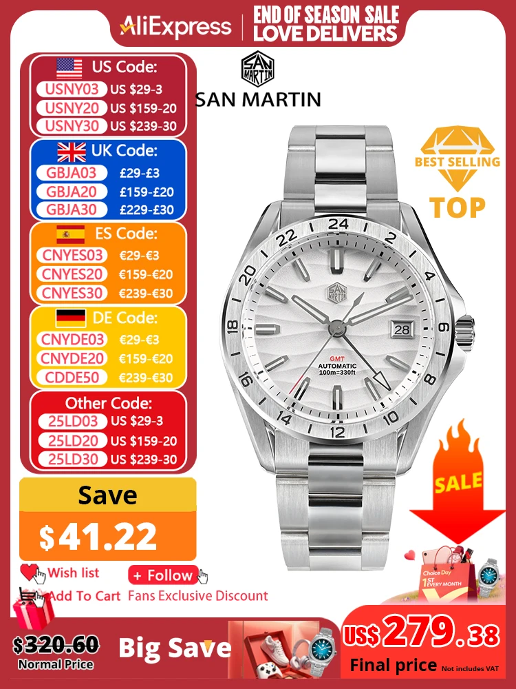 San Martin 남성용 럭셔리 비즈니스 원피스 GMT 시계, 39mm 사막 질감, NH34 자동 기계식 방수, 100m 야광 SN0129, 신제품