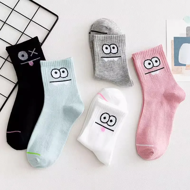 5 Pairs Cute Expression Print Socks, Comfy & Funny All-match Mid Tube Socks, Women's Stockings & Hosiery