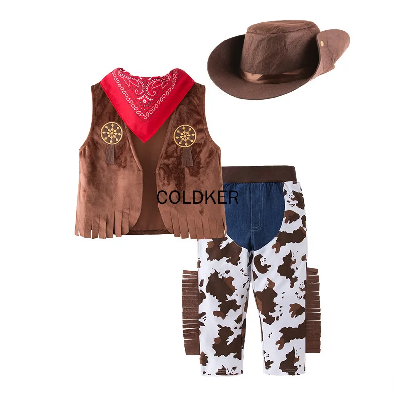 Boys West Cowboy Costume For Kids Children Cosplay Vest Hat Scarf Pants 4pcs set Halloween Purim Party Fantasia Dress up