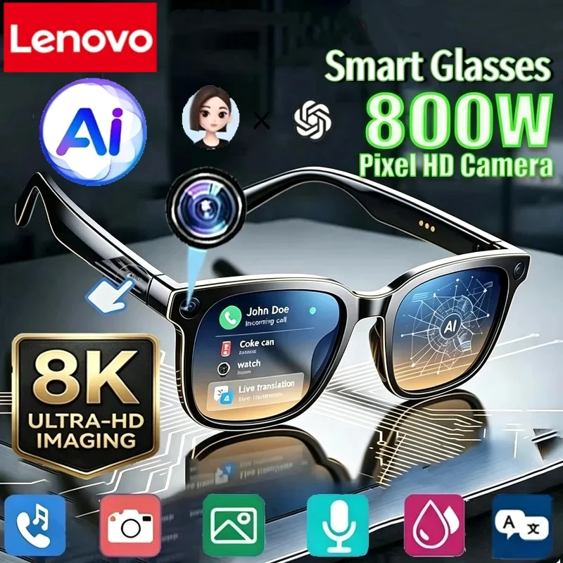Lenovo Smart AI Glasses 800W HD 8K Shooting Camera Photo Video Voice Call Translation Waterproof Bluetooth AI Motorcycle Glasses